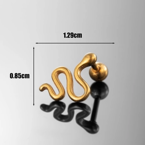 Golden stainless steel snake stud earring with dimensions 1.29cm by 0.85cm