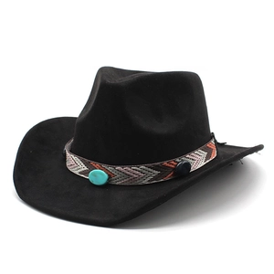 Black faux suede fedora hat with bohemian woven band and turquoise stone accent