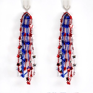 Detail of red, silver, and blue star-shaped bead necklaces for patriotic decorations