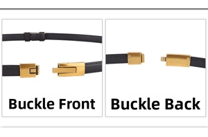 Detailed front and back view of the golden metal buckle on a black leather belt