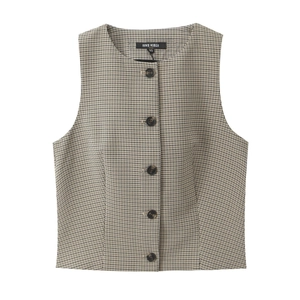 Ensemble haut et pantalon à carreaux marron pour femme avec gilet sans manches boutonné