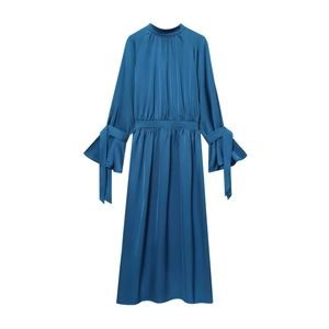 High Neck Satin Midi Dress Long Sleeve Bow Tie Cuffs Pleated Back Gold Buttons Elegant Solid Color For Women