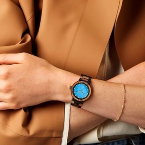Women's minimalist wooden watch with blue pearl dial and colorful wood strap