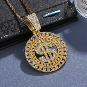 Collier hip hop doré avec pendentif signe dollar serti de cristaux étincelants