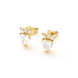 Elegant gold-plated heart stud earrings with sparkling cubic zirconia strawberry design