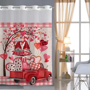 Detail of Valentine gnomes and red truck print on waffle weave shower curtain