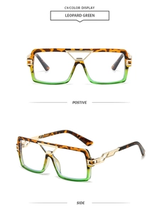 Detailed front and side view of leopard and green gradient square frame sunglasses