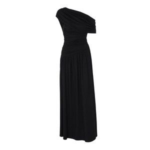 Detail of elegant black one-shoulder pleated maxi dress with waist ruching for formal events