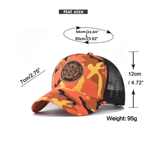 Détail de la casquette trucker camouflage avec dimensions et écusson en cuir