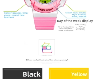 Close-up of pink and white kids digital watch showing WR30M waterproof and alarm functions
