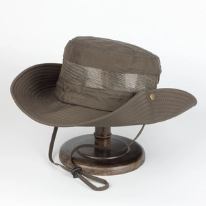 Close-up of outdoor sun hat featuring breathable mesh vents and embroidered logo