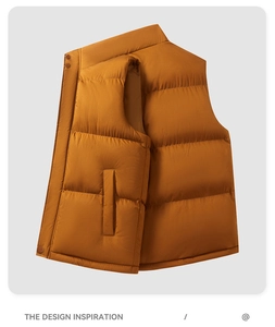 Detailed view of the caramel orange quilted puffer vest with warm stand collar and matte finish
