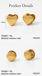 Detail view of 14mm gold heart and round stainless steel earrings with textured stripes