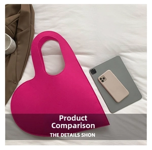 Size comparison of a rose purple felt heart-shaped tote bag next to a tablet and phone