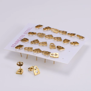 Golden stainless steel heart padlock stud earrings set with hollow design on card