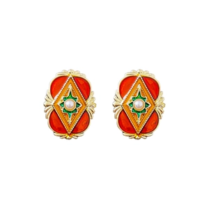 French vintage enamel pearl earrings with gold feather trim and bohemian geometric design
