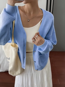 Close-up of light blue knit cardigan with V-neckline and button details for women
