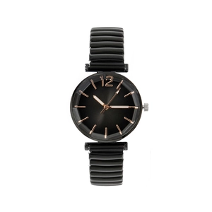 Women's quartz watch with black dial and rose gold accents on a flexible ribbed strap