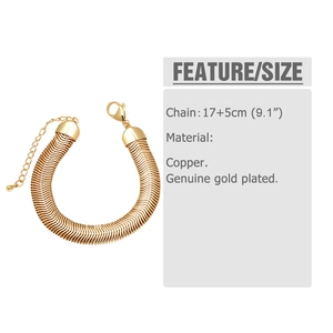 Detail view of 17+5cm gold plated copper snake chain bracelet with size specifications