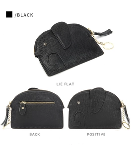 Detailed views of a black leather elephant coin purse with zipper and key ring