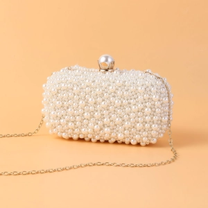 Women Elegant Faux Artificial Pearl Evening Clutch Bag Beaded Hard Shell Box Handbag With Metal Chain For Wedding Party Formal