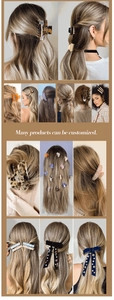 Detailed collage of acetate bow hair claws and crystal clips with pearl accents
