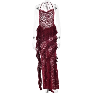 Elegant wine red halter neck maxi dress with layered ruffles and backless design