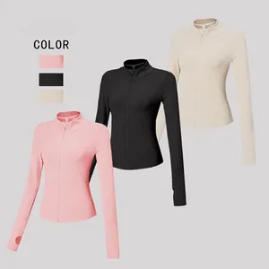 Veste de Sport Ajustée pour Femmes Nervurée Manches Longues Haut de Yoga Col Montant Fermeture Éclair Manteau Athlétique avec Passants de Pouce