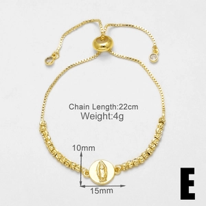 Detail view of adjustable 22cm gold bolo bracelet with 15mm religious virgin Mary pendant