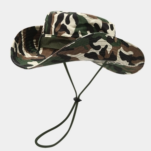 Detail view of camouflage hiking hat with wide reinforced brim and adjustable chin strap