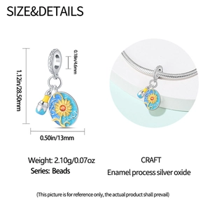 Artistic oil painting charm with dimensions and enamel silver finish details