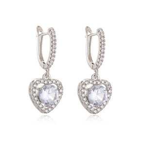 Elegant heart-shaped silver drop earrings with sparkling zircon and leverback closure