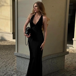 Robe Maxi Sexy Col En V Profond Dos Nu Satin Dentelle Bretelles Spaghetti Coupe Ajustée Soirée Pour Femmes