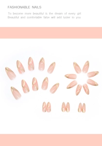 Macro detail of almond shaped press-on nails with gold glitter stripes and pink art