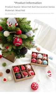 Detail view of 6-pack Christmas wool felt ornaments with festive patterns in a gift box