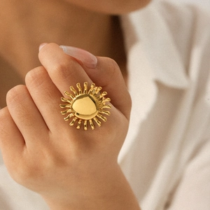Sun Flower Rings For Women Stainless Steel 18K Gold Plated Adjustable Open Sunburst Mother Of Artificial Pearl Rhinestone Jewelry