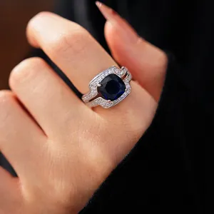 Exquisite silver geometric open ring with large square blue zircon and pavé crystals