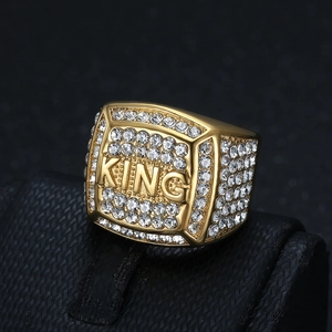 Hip hop gold plated stainless steel KING ring with sparkling cubic zirconia stones