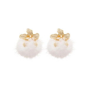 Elegant gold flower earrings with sparkling zircons and white fluffy fur ball pendants