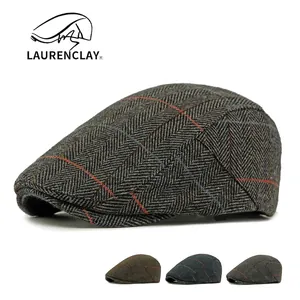 British Vintage Herringbone Wool Blend Flat Cap For Men Winter Warm Newsboy Cap Middle Aged Plaid Beret Hat Adjustable Ivy Cap