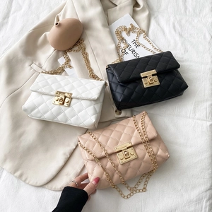 Quilted PU Leather Crossbody Bag With Gold Chain Strap And Metal Twist Lock Elegant Daily Shoulder Bag For Women