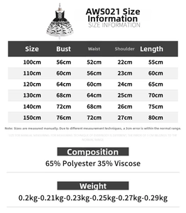 Detailed size chart for girls' pumpkin witch costume including bust and length measurements