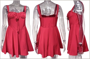 Front and back view of red strapless A-line mini dress with waist pleats and bow tie