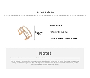 Detail view of gold multilayer geometric open cuff bangle showing texture and dimensions
