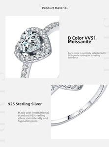 Macro view of 925 sterling silver heart ring with D color VVS1 moissanite diamond