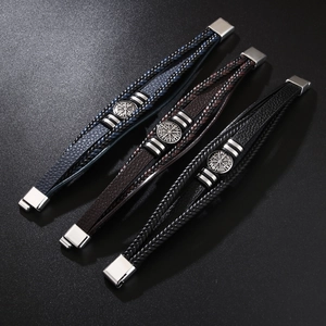 Men's multilayer braided leather bracelets with compass charm in black, brown and blue