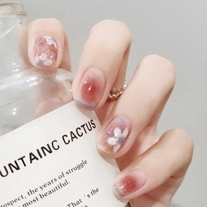 Short Press On Nails French Gradient Pink With White Floral Pattern Fresh Sweet Style Artificial False Nail Tips