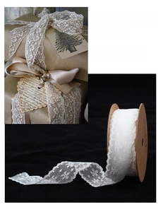 Close-up of 25mm white floral lace ribbon roll for gift wrapping and DIY crafts