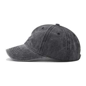 Washed dark gray cotton baseball cap with vintage distressed finish and curved brim