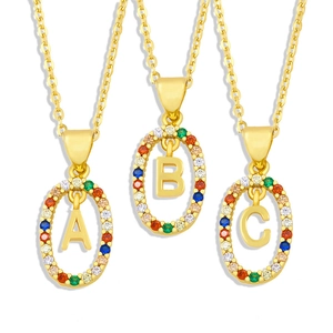 Initial Letter Pendant Necklace Copper Colorful Cubic Zirconia Oval Personalized Hip Hop Fashion Jewelry For Women